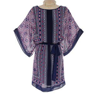 Dressbarn Chiffon Mixed Print‎ Kimono Sleeve Dress with Tie Size 14W 1X Plus